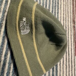 The North Face Olive and Yellow Striped Knit Beanie
